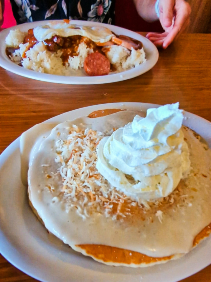 Haupia Pancakes and Spam Loco Moco Hawaiian Style Cafe Hilo Big Island Hawaii 1