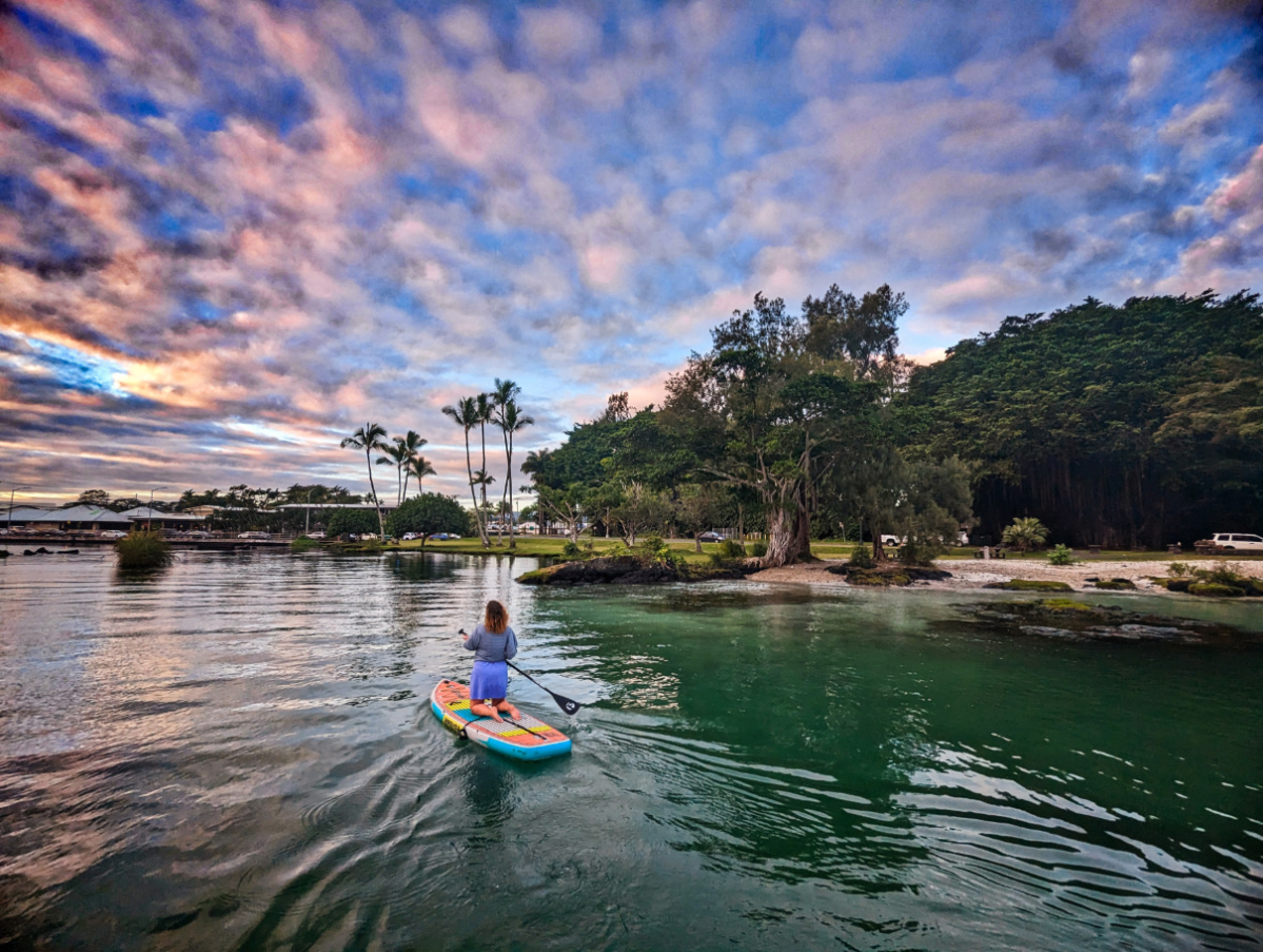 Kelly on SUP at Sunrise on Reeds Bay Hilo Big Island Hawaii 1