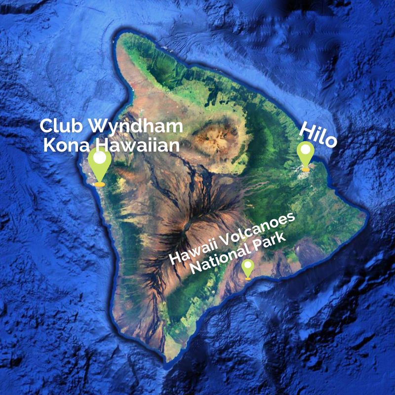 Map of the Big Island with Club Wyndham Kona Hawaiian on Kona Coast 