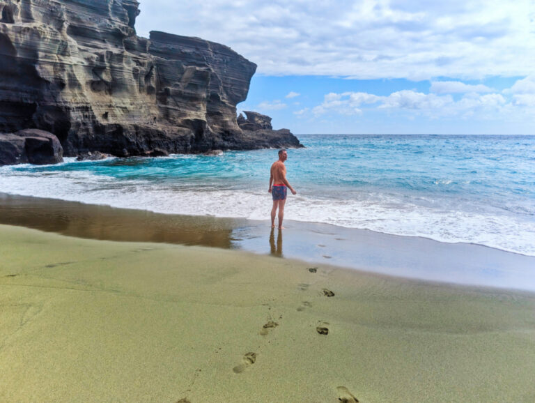 Taylor Family swimming at Papakolea Green Sand Beach Big Island Hawaii 1