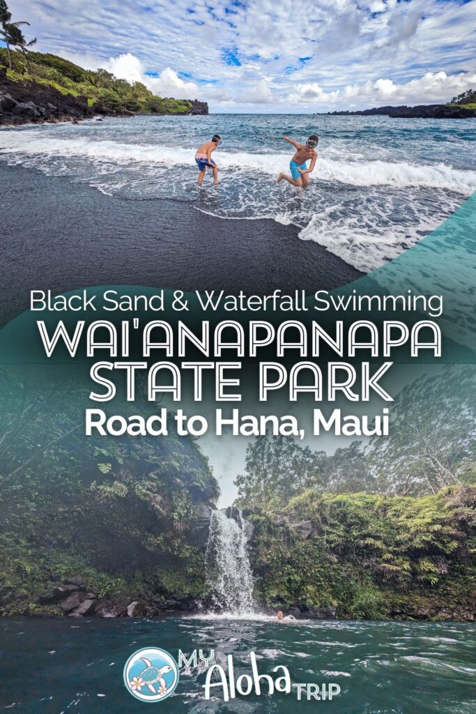 Wai'anapanapa State Park on the Road to Hana is a fun stop with a beautiful black sand beach. Add to that the nearby Pua'a Ka'a waterfall that you can swim at, and it's a great adventure and a highlight of Maui.