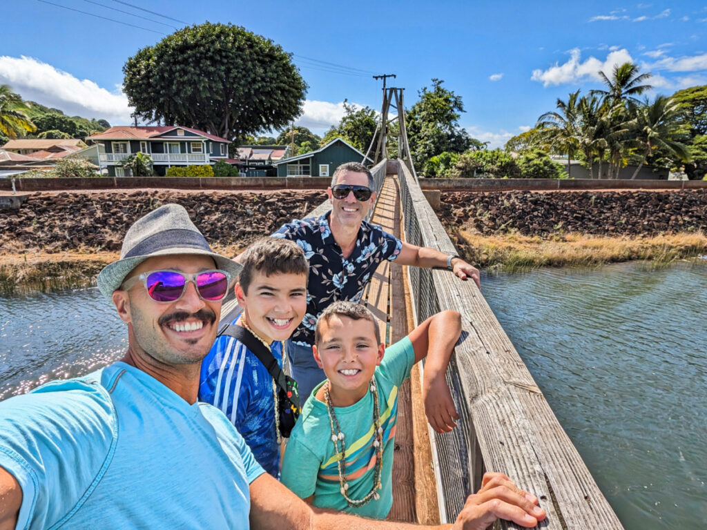 Full Taylor Family on Hanapepe Swinging Bridge Hanapepe Town South Shore Kauai 1