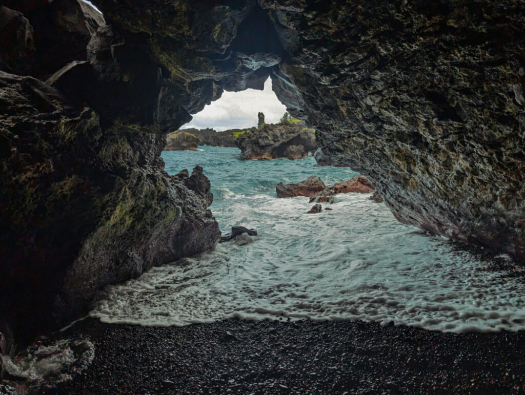 Sea cave at Black Sand Beach at Waiʻānapanapa State Park Road to Hana Maui Hawaii 1