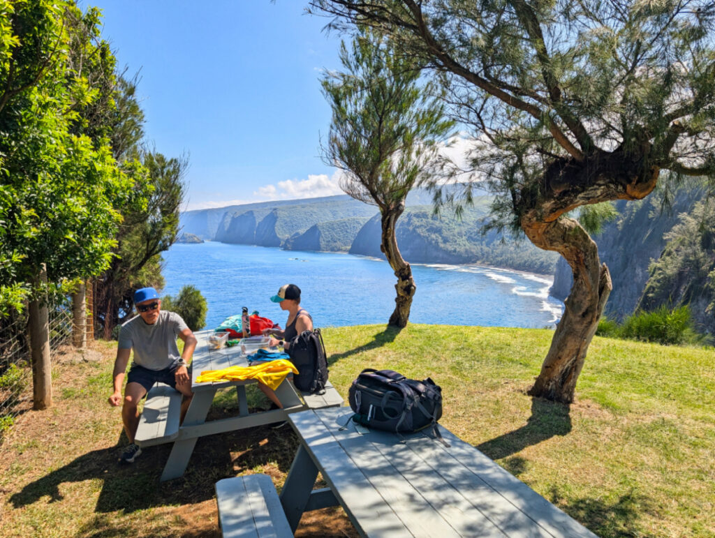 Picnic lunch overlooking Pololu Beach with Hawaii Forest and Trail on Kohala Waterfalls Hiking Big Island Hawaii 1