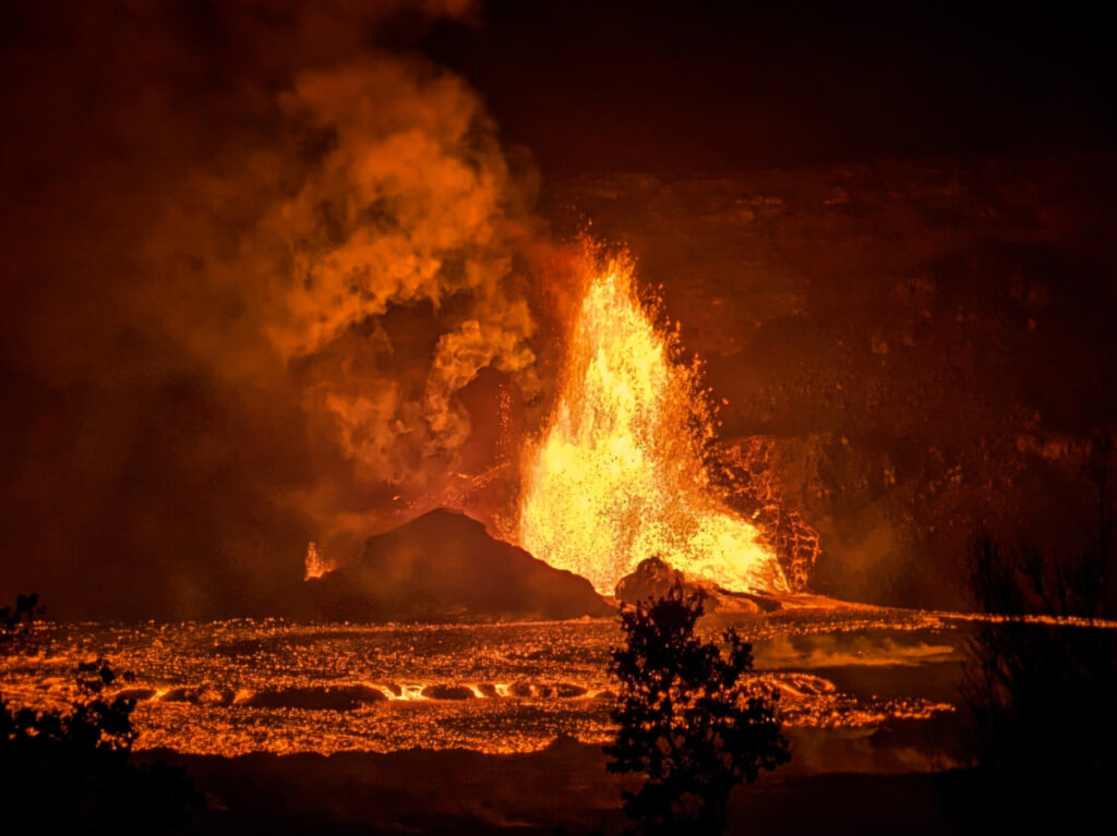 Lava Eruption in Kilauea Halamaumau Crater from Keanakakoi Overlook Hawaii Volcanoes National Park Big Island 1b