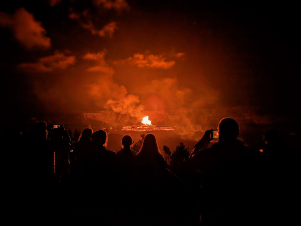 People Watching Lava Eruption in Kilauea Halamaumau Crater from Keanakakoi Overlook Hawaii Volcanoes National Park Big Island 1