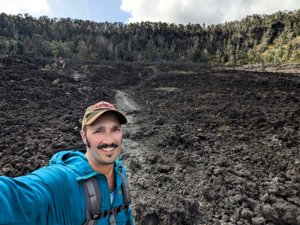 Rob Taylor Hiking on Crater Floor on Kilauea Iki Trail in Hawaii Volcanoes National Park Big Island 2