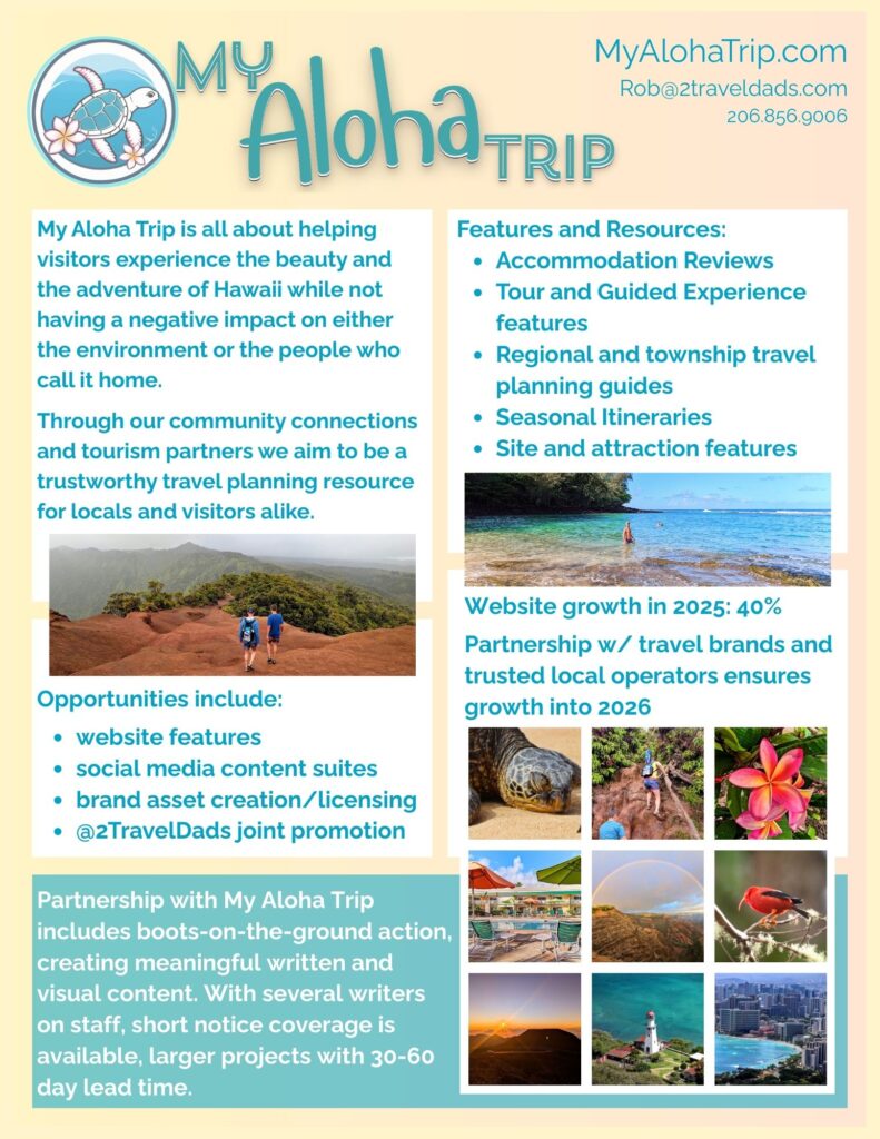 My Aloha Trip Media Kit: contact information and partnership options for promoting the best of the Hawaii and its diverse islands and tourism operators.
