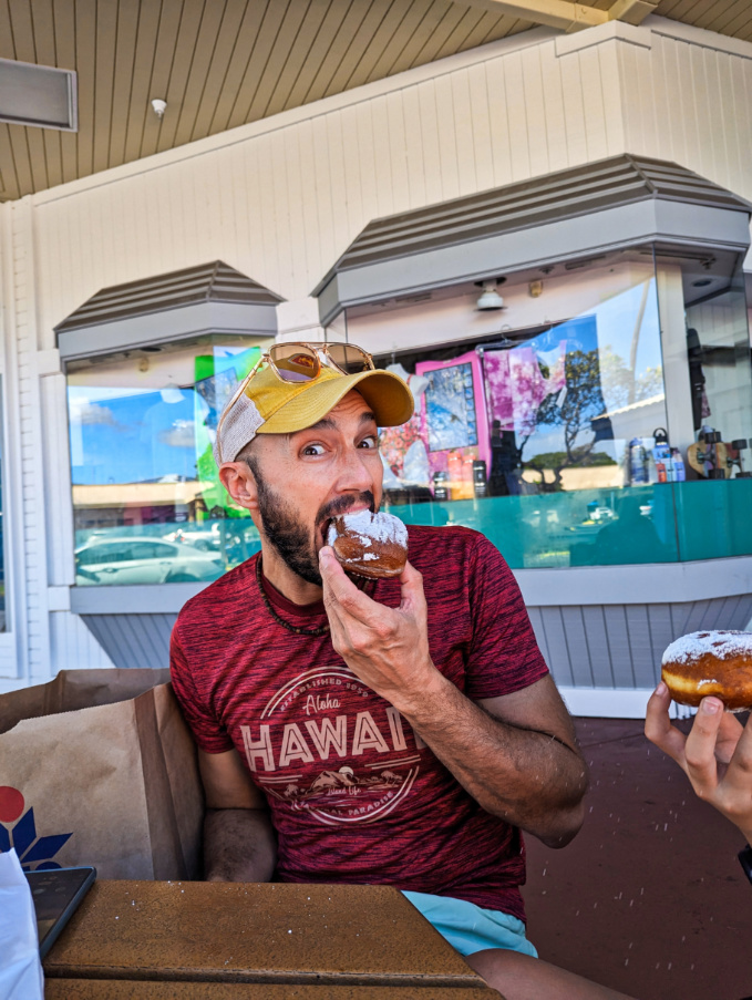 Rob Taylor eating Malasadas from KTA Kailua Kona Big Island Hawaii 1