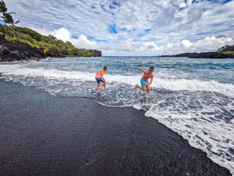 Taylor Family at Black Sand Beach at Waiʻānapanapa State Park Road to Hana Maui Hawaii